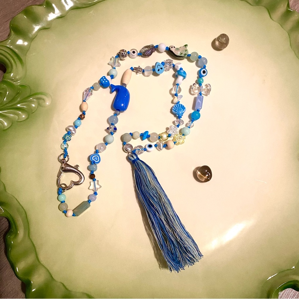 Blue Beaded Necklace with Tassel Mermaid Whale Ocean Mala Spiritual - Picture 3 of 11